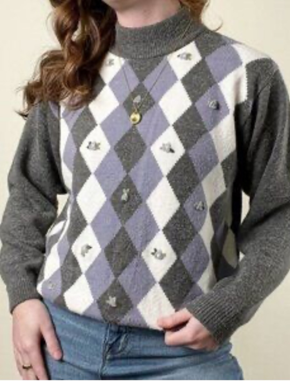 Vintage 80s Argyle Sweater: Lavender Gray Rosebud Bloom, Medium